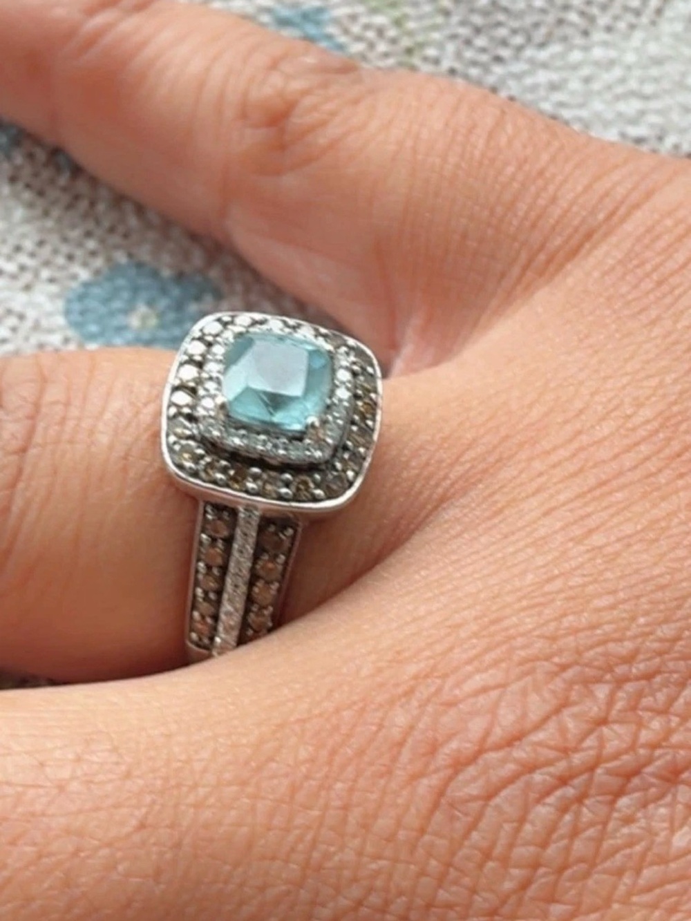 LeVian Ring Aquamarine, Vanilla and Chocolate Diamond Double Halo 14K Gold Sz6.5